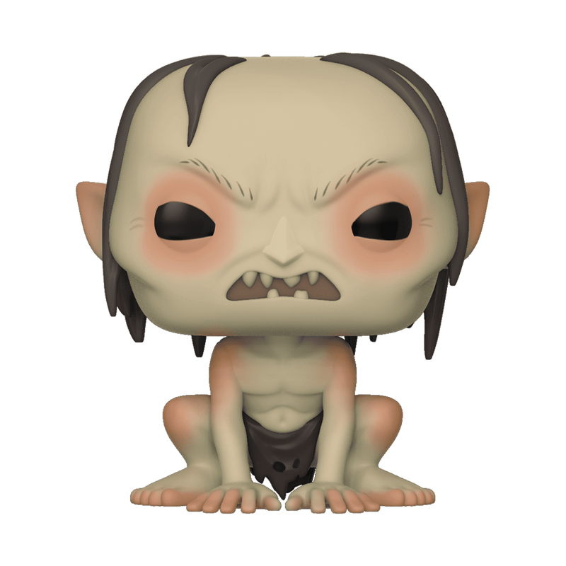 A Funko POP! Lord of the Rings: Gollum (#532) vinyl figure by Funko, featuring a stylized, crouching Gollum with pale skin, large ears, black hair, sharp teeth, and wide eyes.