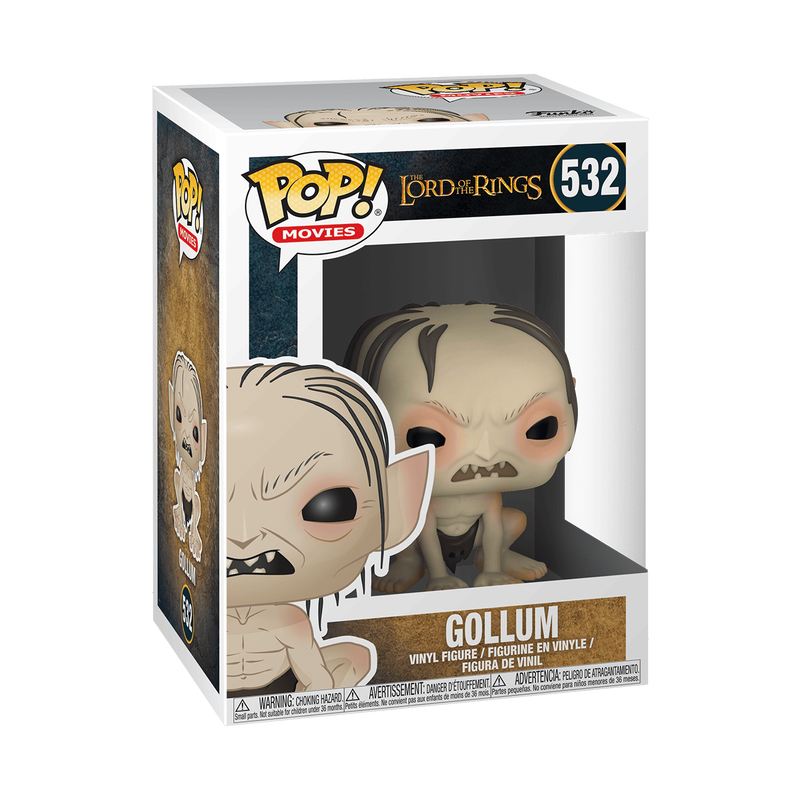A Funko POP! Lord of the Rings: Gollum (#532) vinyl figure by Funko, featuring a stylized, crouching Gollum with pale skin, large ears, black hair, sharp teeth, and wide eyes.