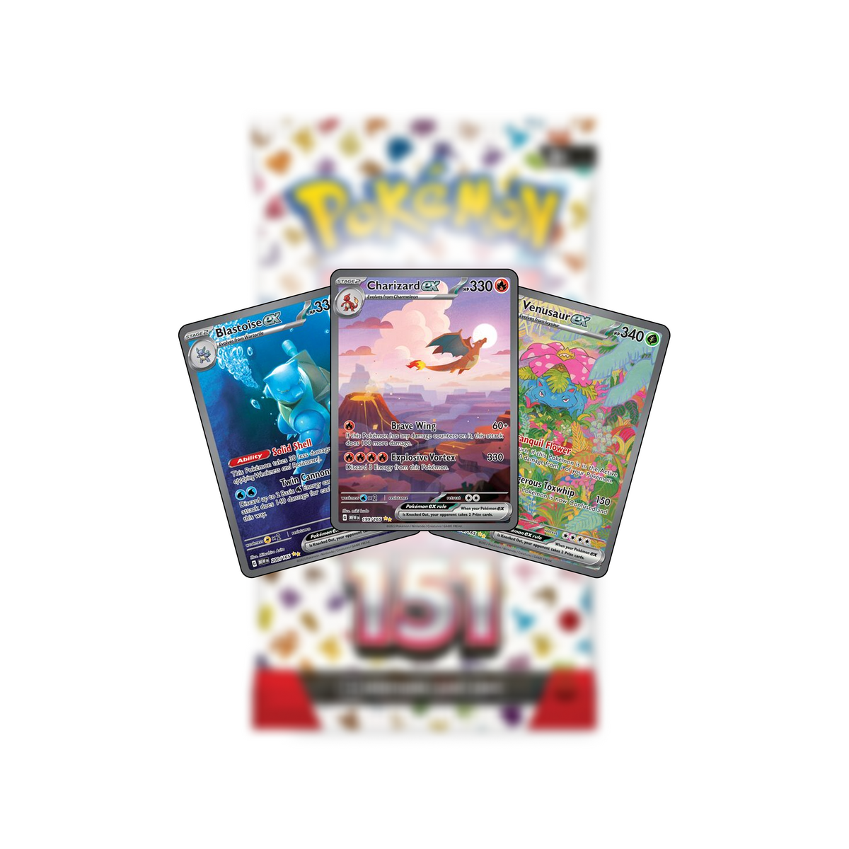 Three Pokémon trading cards featuring Blastoise ex, Charizard ex, and Venusaur ex arranged in front of a blurred [STREAMING] Aida - 30/09/2026 (Pokémon/Lorcana/One Piece) booster pack.