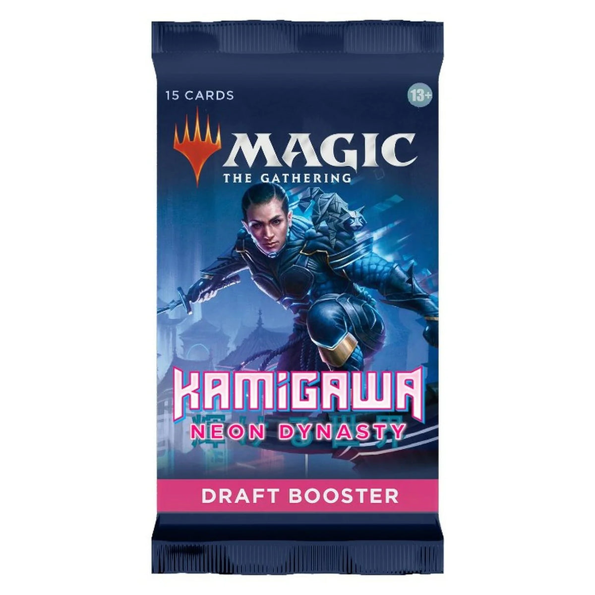 The Magic the Gathering: Kamigawa Neon Dynasty Draft Booster Pack by Wizards of the Coast features 15 cards and a striking neon design with a blue-armored futuristic warrior.
