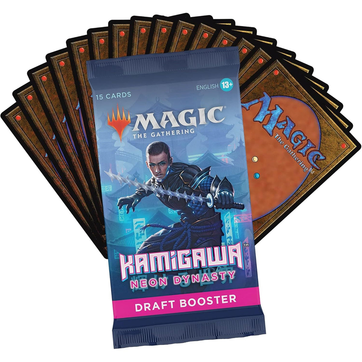 A Wizards of the Coast Magic the Gathering: Kamigawa Neon Dynasty Draft Booster Display is shown in front of several fanned-out Magic cards with their classic brown card backs visible.