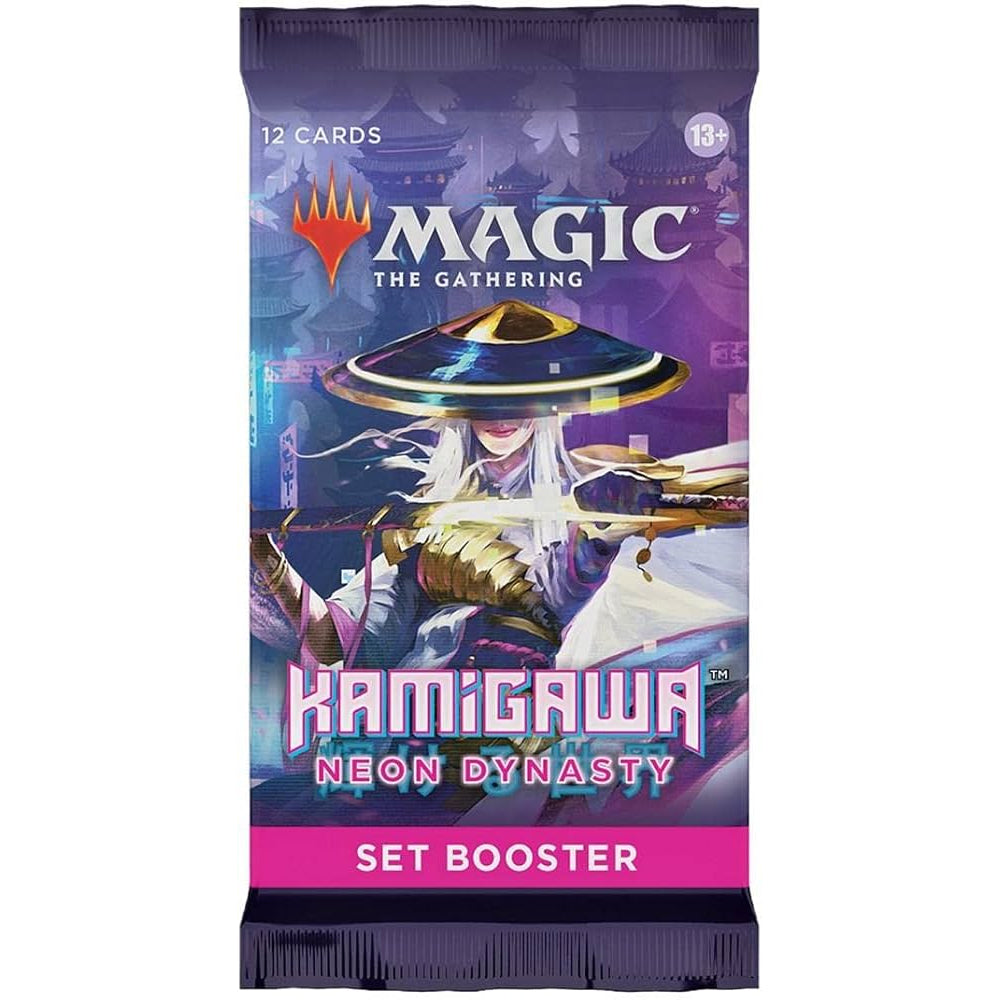 The Wizards of the Coast Magic the Gathering: Kamigawa Neon Dynasty Set Booster Pack features vibrant purple and pink art with a stylized sword-wielding character in a straw hat, and contains 12 cards for ages 13+.