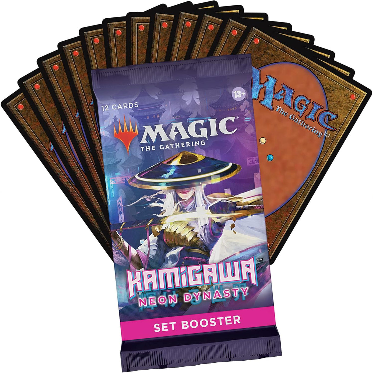 A sealed Magic: The Gathering - Kamigawa Neon Dynasty Set Booster pack featuring an illustration of a character with a wide hat, fanned out in front of several playing cards showing their patterned backs.