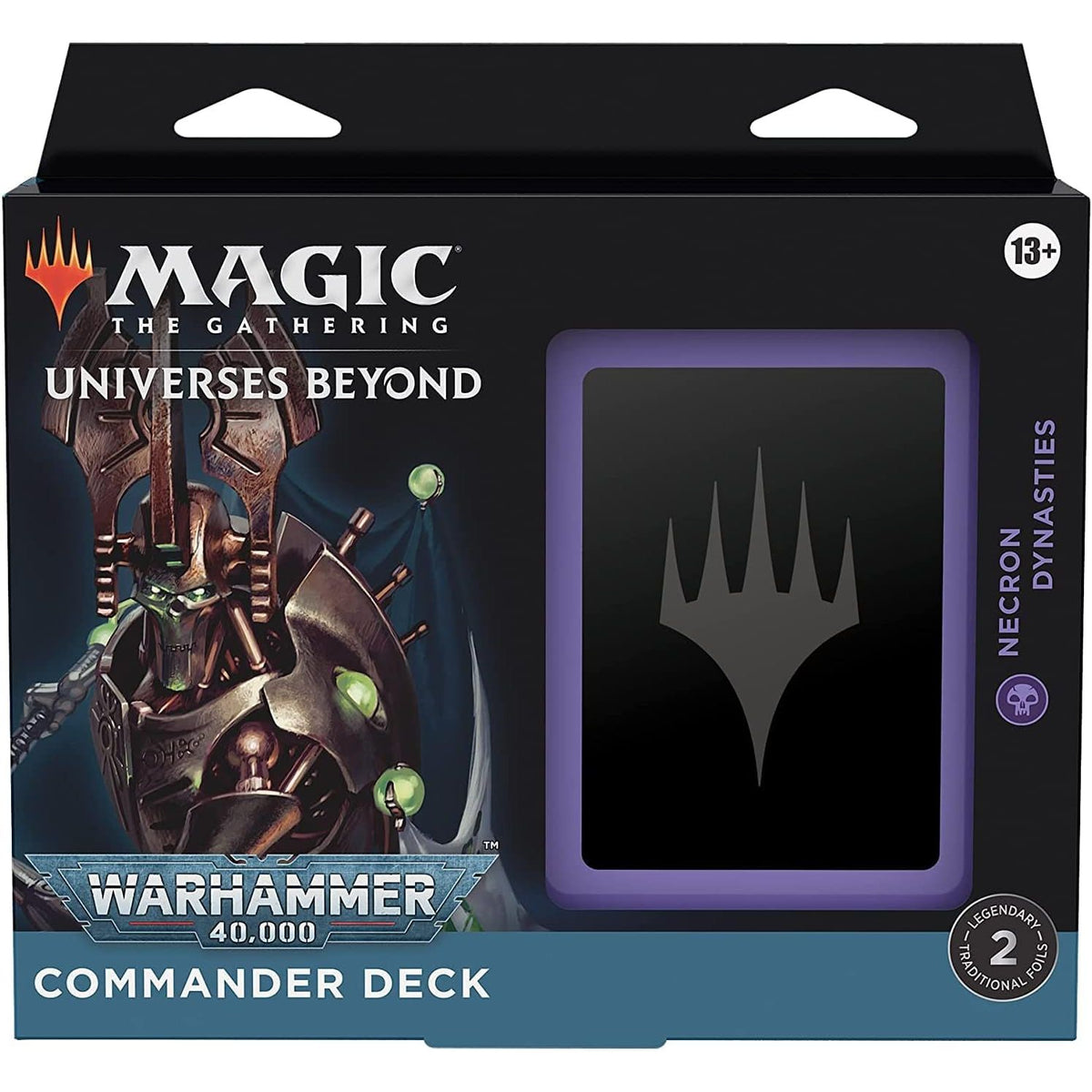 Wizards of the Coast’s Magic the Gathering: Universes Beyond: Warhammer 40,000 - Commander Deck Bundle features the Necron Dynasties deck with box art of a robotic figure and Magic card back. Great for ages 13+.