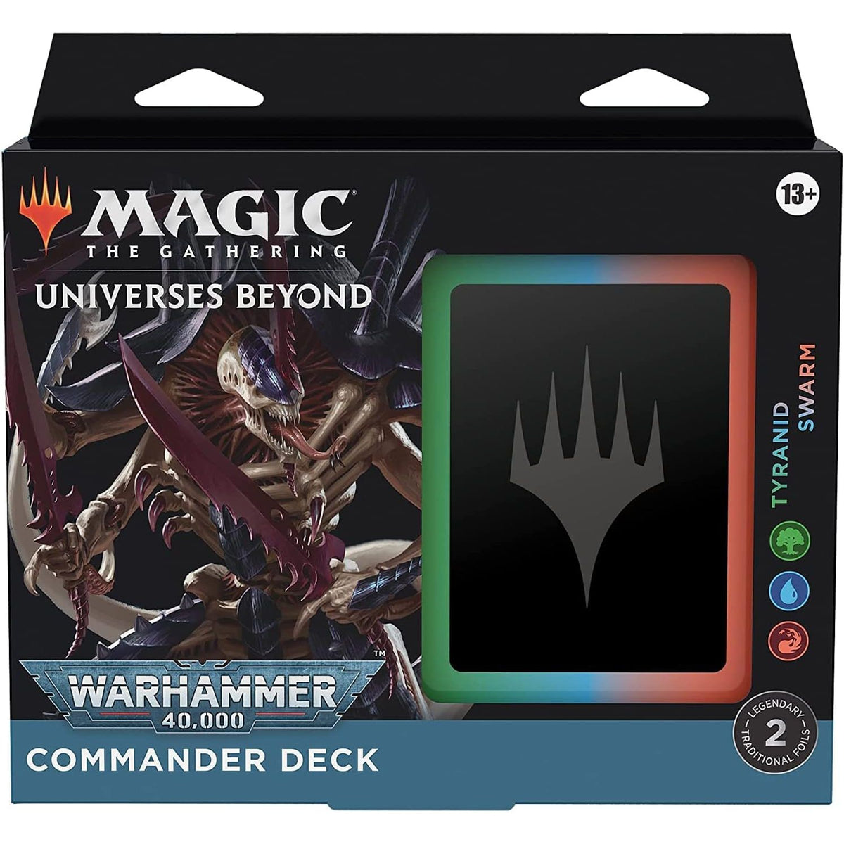 The Magic the Gathering: Universes Beyond: Warhammer 40,000 - Commander Deck Bundle by Wizards of the Coast includes the Tyranid Swarm deck with alien-inspired art and Magic branding. Recommended for ages 13+.