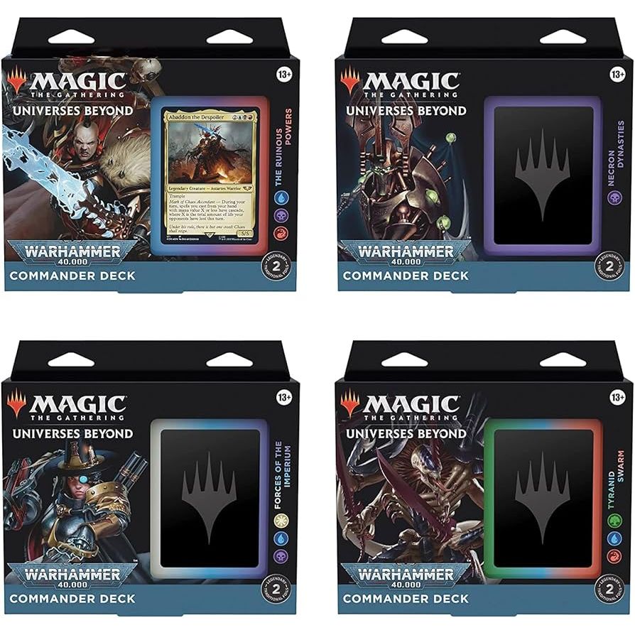 Four Wizards of the Coast Magic the Gathering: Universes Beyond: Warhammer 40,000 - Commander Deck Bundle boxes with unique art and colors are arranged in a 2x2 grid on a white background.