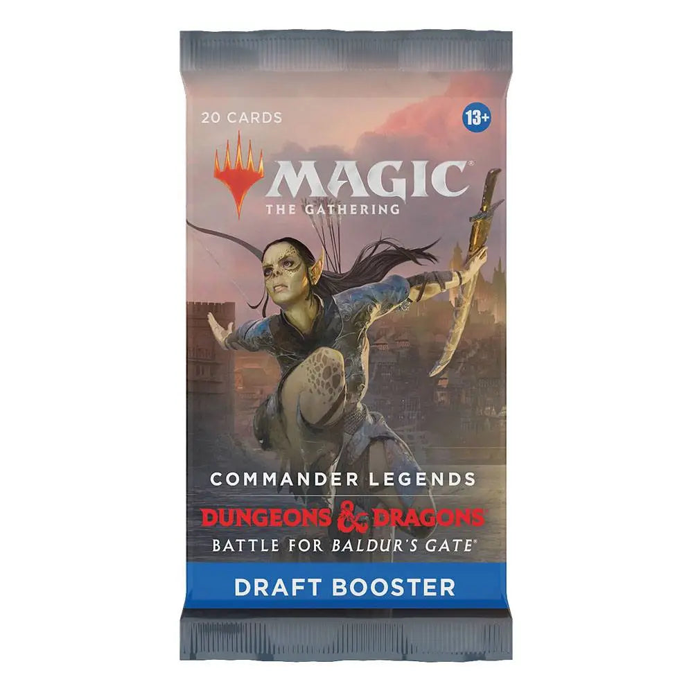 A Wizards of the Coast Magic the Gathering: D&D Battle for Baldur's Gate Draft Booster pack featuring fantasy art of a female elf with a sword leaping in front of a city backdrop.