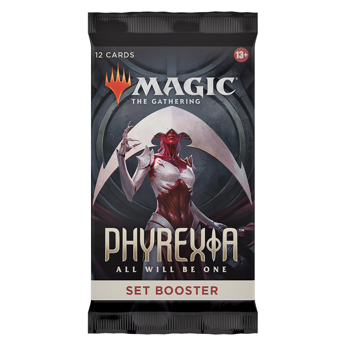 The Magic the Gathering: Phyrexia All Will Be One Set Booster by Wizards of the Coast contains 12 cards and is suitable for ages 13+. The sealed pack features striking red and white armored character art on the front.
