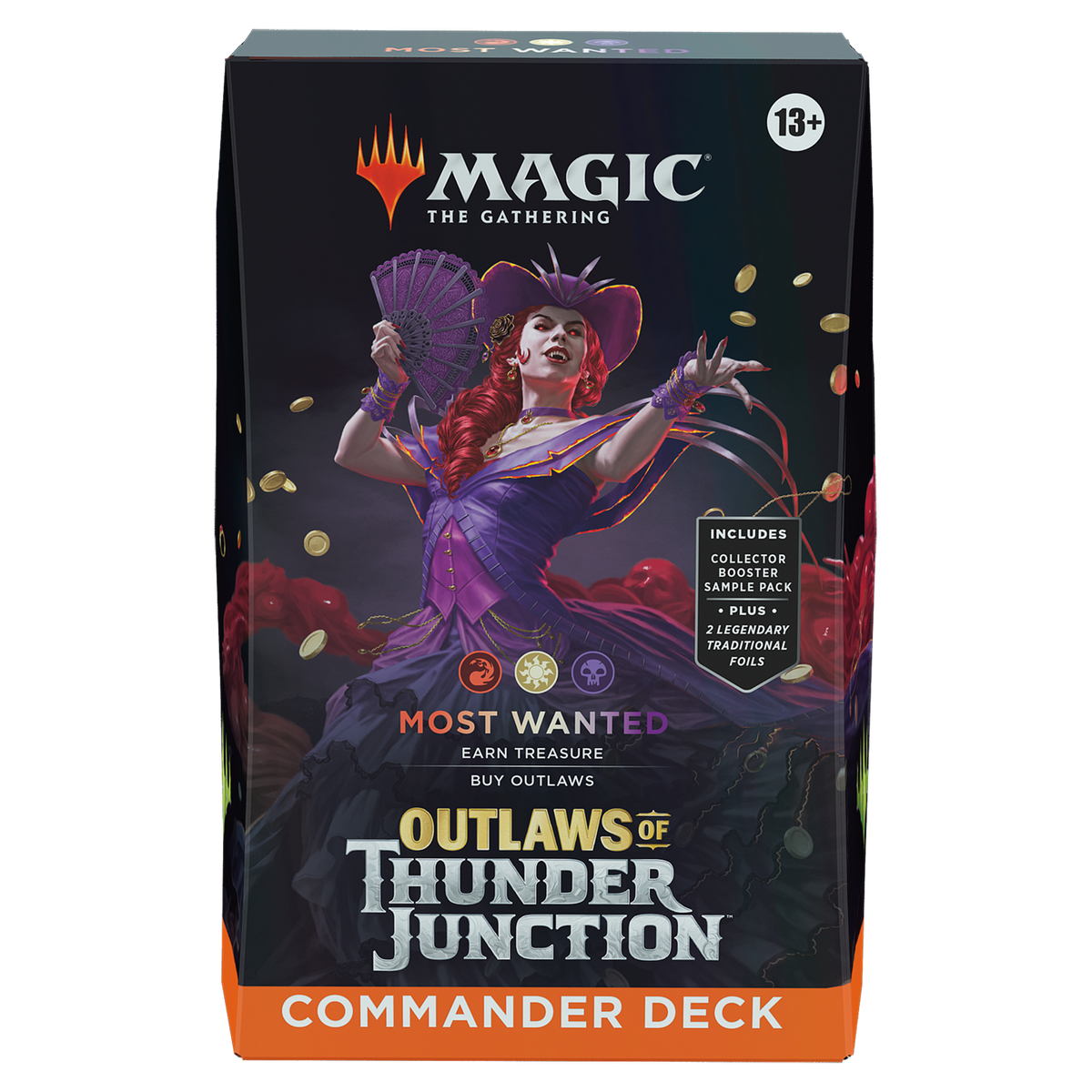 The Magic the Gathering: Outlaws of Thunder Junction - Commander Deck Bundle by Wizards of the Coast features a deck box with a vivid red-haired character in purple holding cards and flying coins. Ideal for Commander fans, ages 13+.