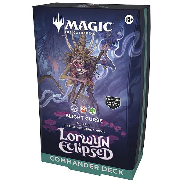 Wizards of the Coast’s Magic the Gathering: Lorwyn Eclipsed - Commander Deck Bundle features a menacing creature, mystical background, age 13+ label, and highlights Blight Curse plus powerful creature combos.