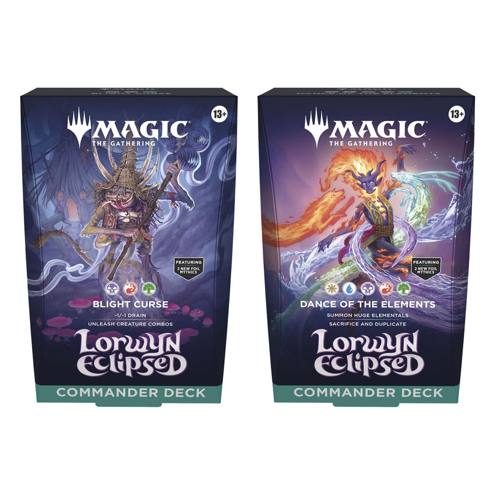 The Wizards of the Coast Magic the Gathering: Lorwyn Eclipsed - Commander Deck Bundle includes Blight Curse, showing a dark undead creature, and Dance of the Elements, featuring a vibrant elemental.