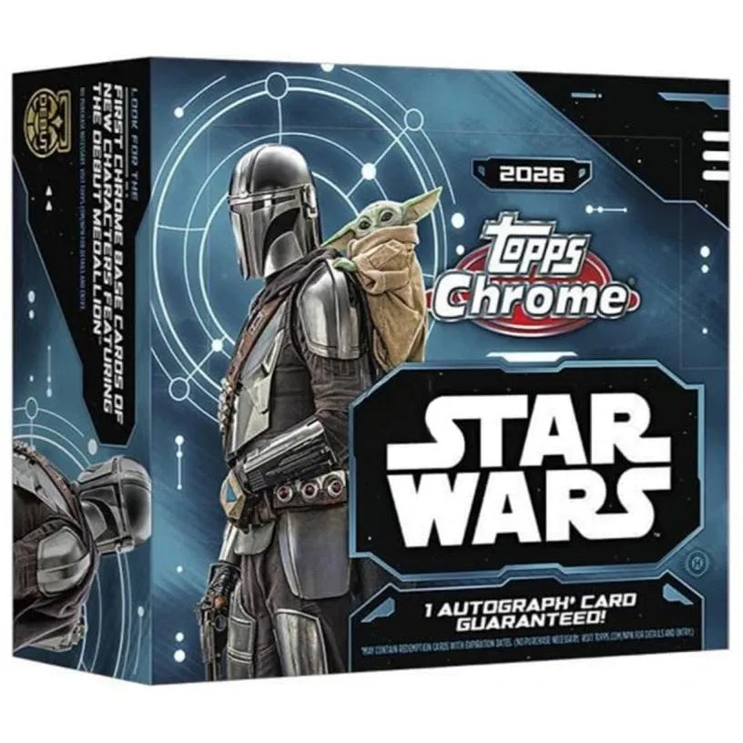 Factory-sealed Topps Chrome Star Wars 2026 Hobby Box featuring The Mandalorian and Grogu.