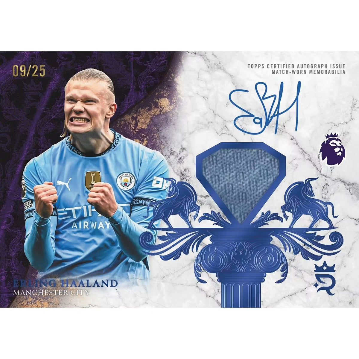 A Topps Royalty 2026 Premier League EPL Hobby Box features gold and purple accents, a large 5 shield design, and advertises 10 cards per box with autographs and relics included.