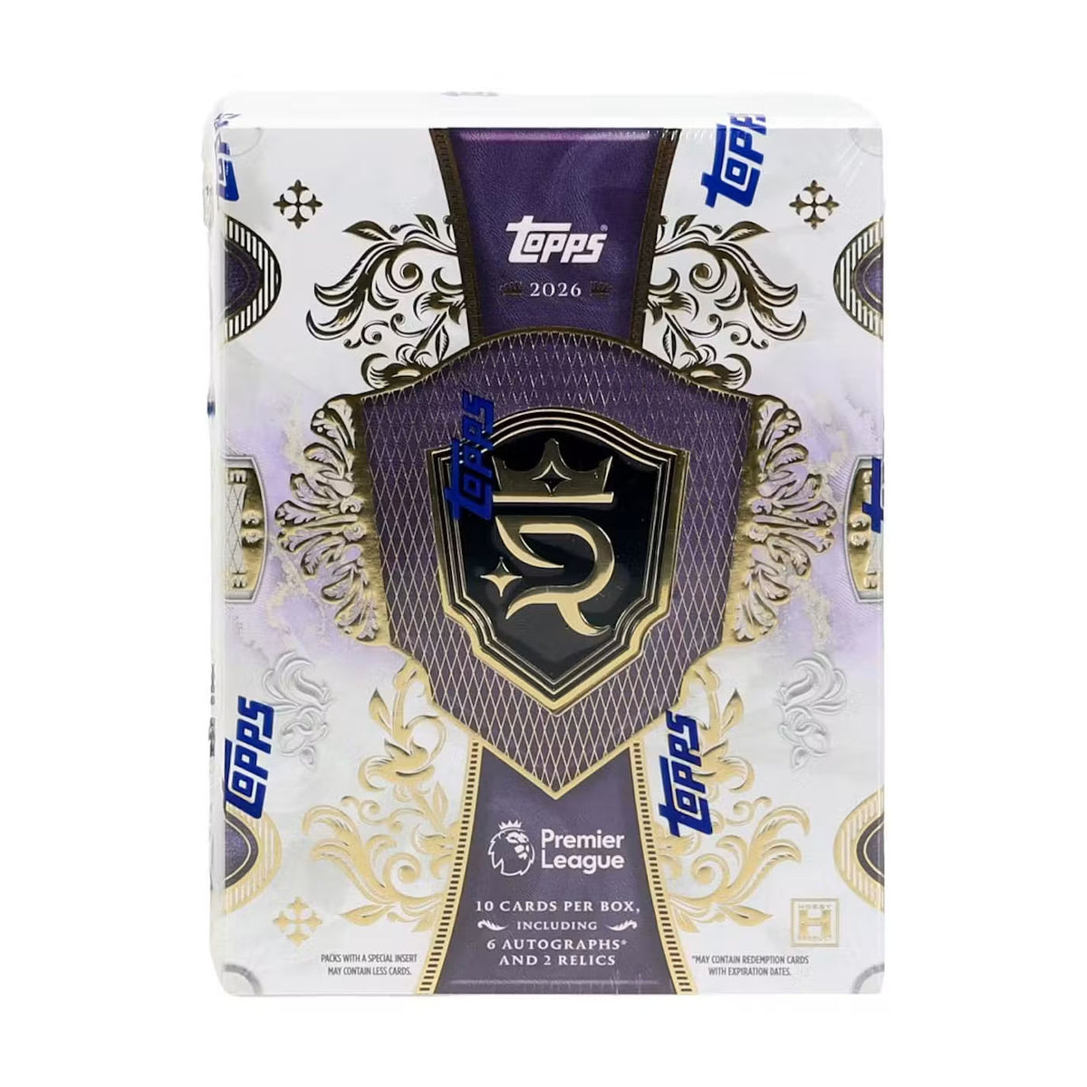 A Topps Royalty 2026 Premier League EPL Hobby Box features gold and purple accents, a large 5 shield design, and advertises 10 cards per box with autographs and relics included.