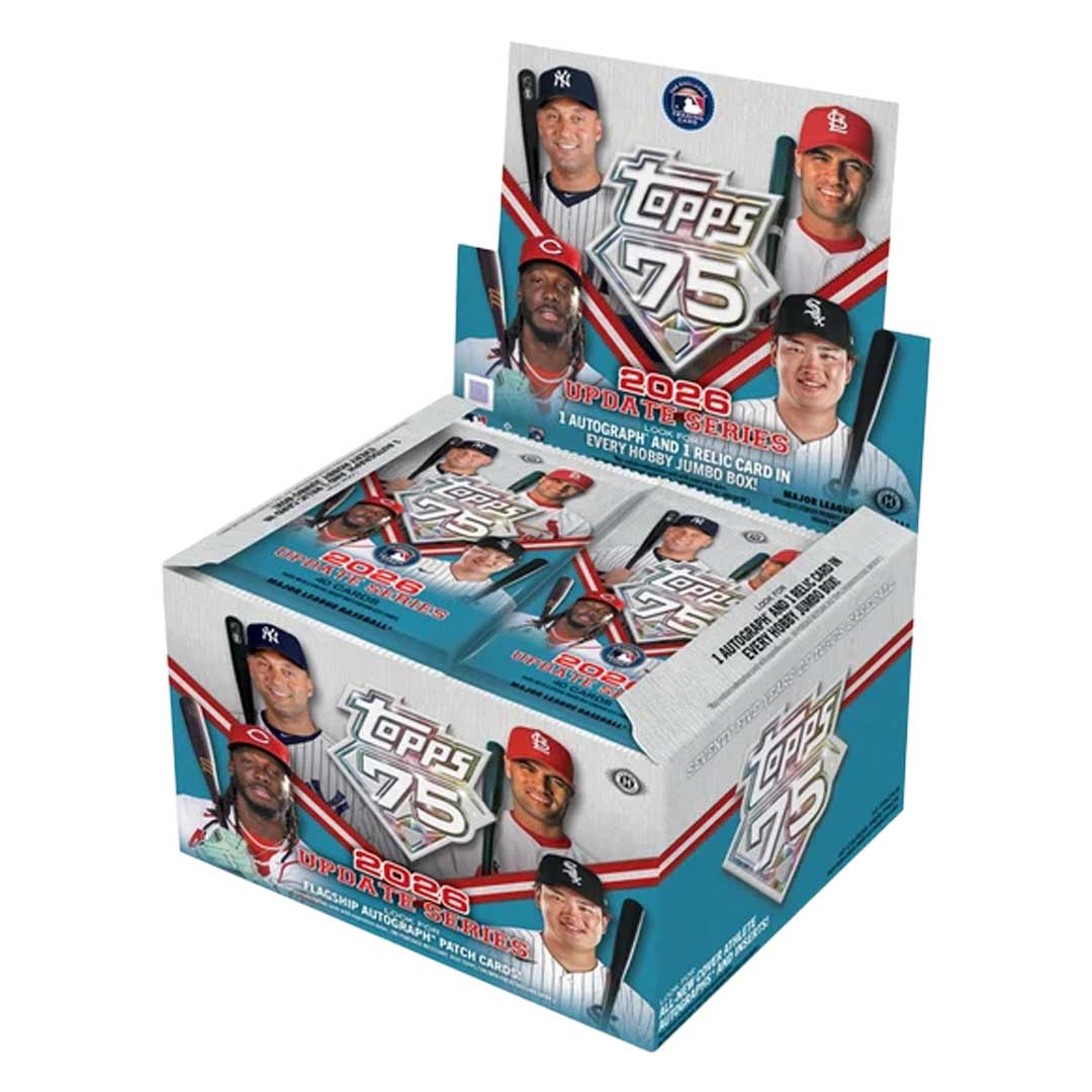 A Topps Update Series MLB 2026 Jumbo Box of baseball trading cards featuring images of major league players and the Topps 75th anniversary logo.