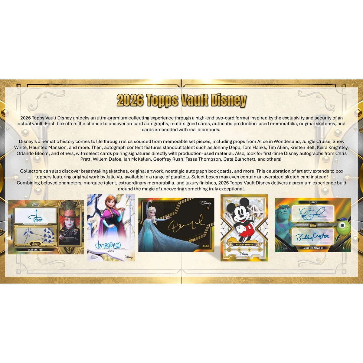 Marketing poster for a Topps Vault Disney 2026 Hobby Box, featuring descriptions of collectible content and images of cards depicting characters such as the Mad Hatter, Anna, Elsa, Mickey Mouse, and Mike Wazowski.