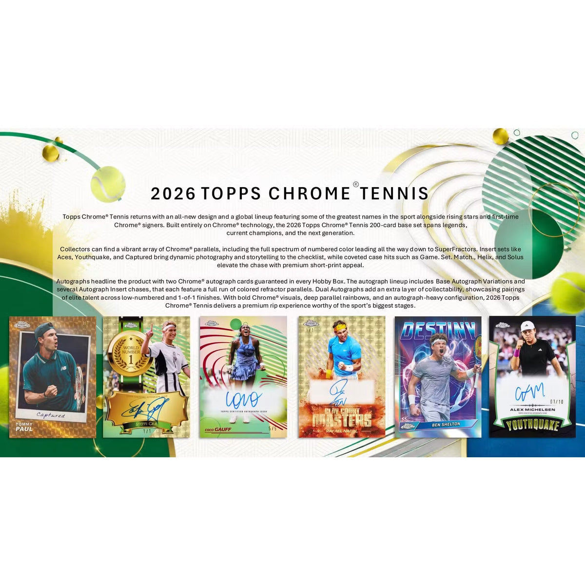 A Topps Chrome Tennis 2026 Hobby Box containing four packs and promotional imagery of professional tennis players.