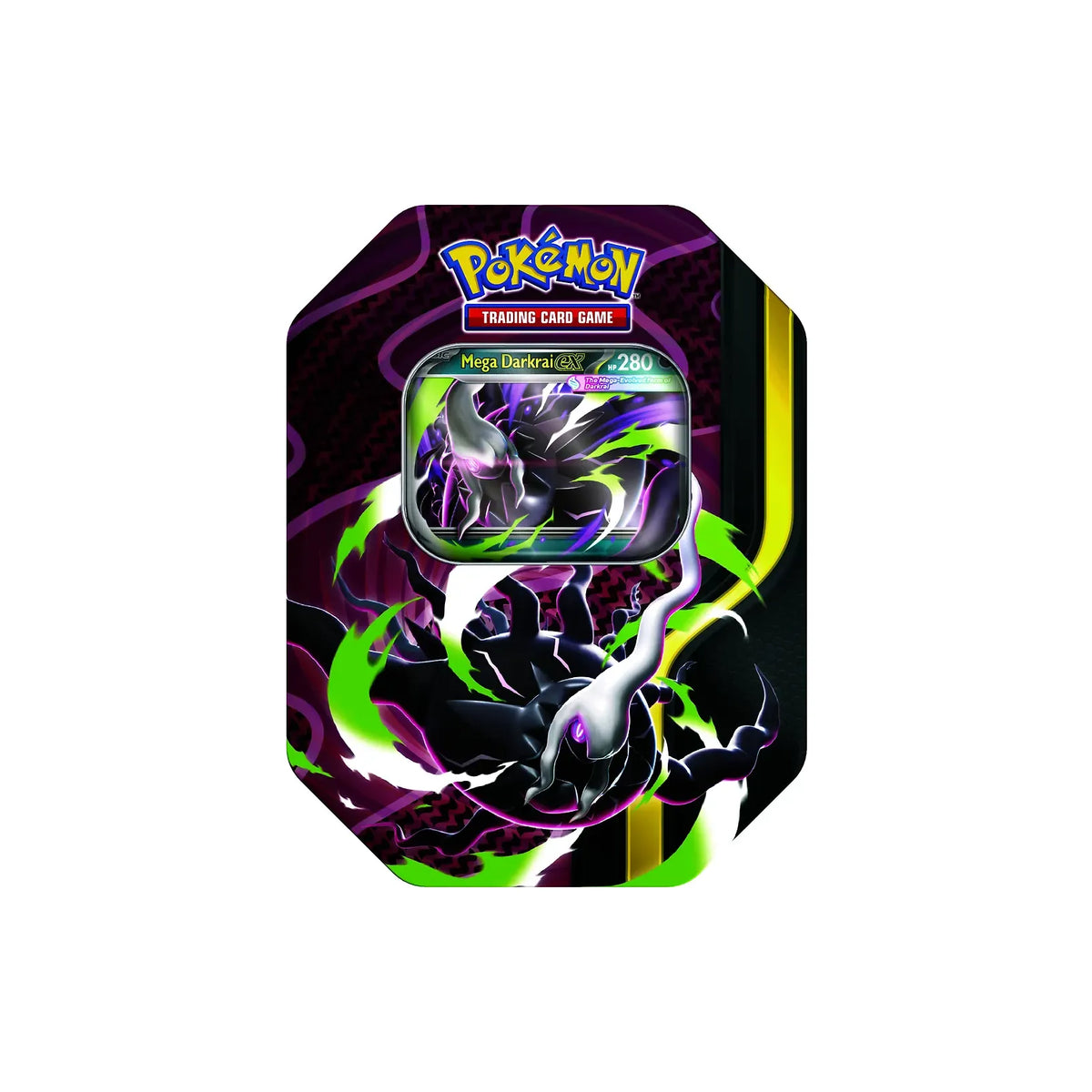 Octagonal Pokémon TCG: Mega Forces Tin featuring an illustration of the Pokémon Darkrai and a display window containing a Mega Darkrai-EX trading card.