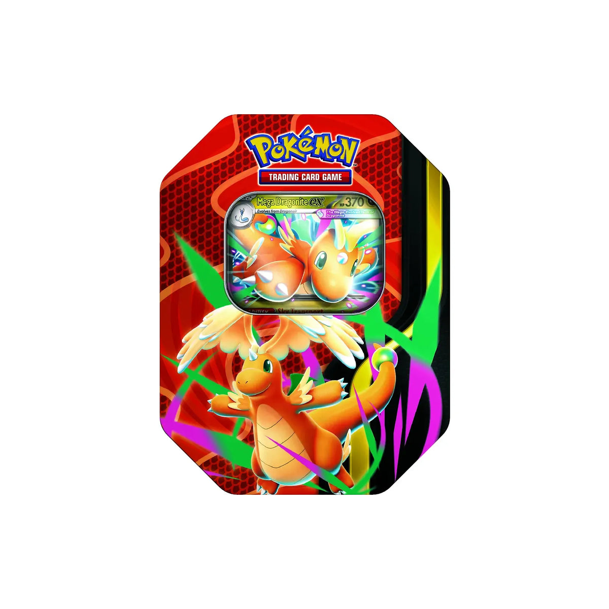 Pokémon TCG: Mega Forces Tins octagonal collector’s tin featuring an illustration of Mega Dragonite and a window displaying a Mega Dragonite-EX trading card.