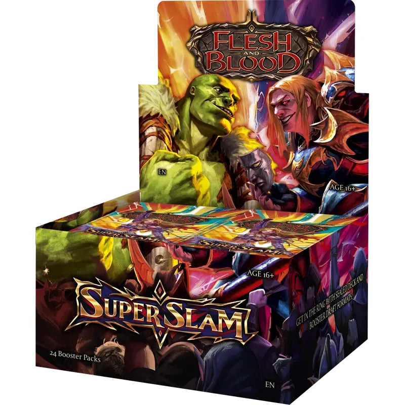 A Flesh and Blood TCG: Super Slam Booster Display box featuring a green-skinned warrior and a blonde character, containing 24 trading card packs.