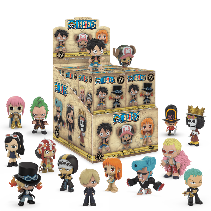 Display of Funko POP! One Piece Mystery Minis collectible figurines by Funko, arranged in front of an open box on a white background. The figures depict various One Piece characters in colorful outfits with expressive faces, posed around the packaging.