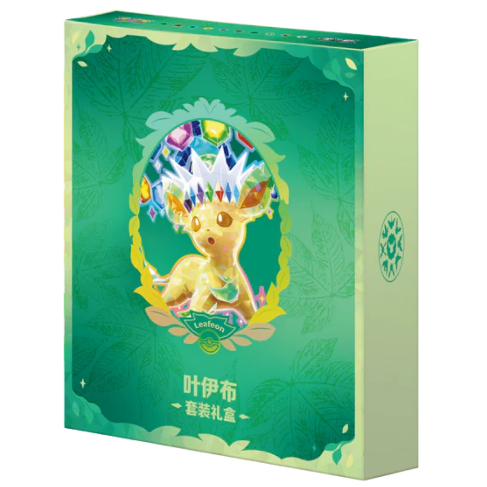 A vibrant green gift box from The Pokémon Company showcases Leafeon, a fox-like Pokémon adorned with a crystal crown, surrounded by leaves and colorful gems. Featuring both Chinese and English text on the front, this Pokémon Leafeon Terastal Grand Crystal Gathering Simplified Chinese Binder Gift Box is the perfect addition to any collection. Highlighting the exclusive Leafeon Terastal Grand Gathering design, it’s an eye-catching choice for fans of all ages.