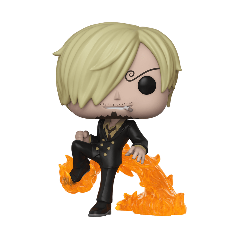 The Funko POP! One Piece: Vinsmoke Sanji (#398) vinyl figure by Funko features Sanji with blond hair, a curly eyebrow, and a suit, raising one leg surrounded by orange flames. The figure also has a small beard and a toothpick in its mouth.