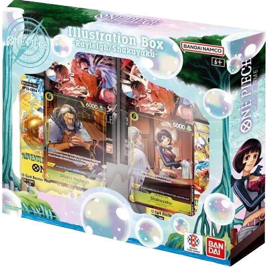 The One Piece Card Game: Illustration Box - Rayleigh/Shakuyaku - Vol. 7 (IB-07) by Bandai features exclusive Rayleigh and Shakuyaku cards, showcased in vibrant packaging with colorful anime artwork and playful bubble designs. Suitable for ages 6 and up.