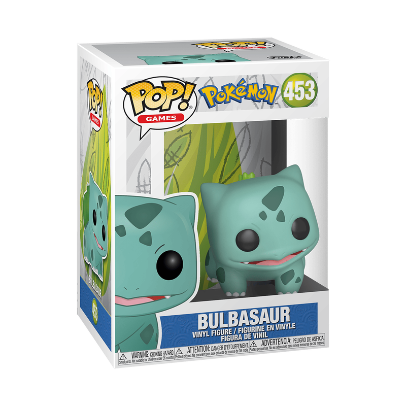 The Funko POP! Pokemon: Bulbasaur - #453 by Funko is a vinyl samlerfigur depicting the cherished green Pokémon, Bulbasaur, with its signature large black eyes, darker green spots, pointy ears, and leafy bulb on its back—featured against a white background as part of the Pop! Games Pokémon collection.