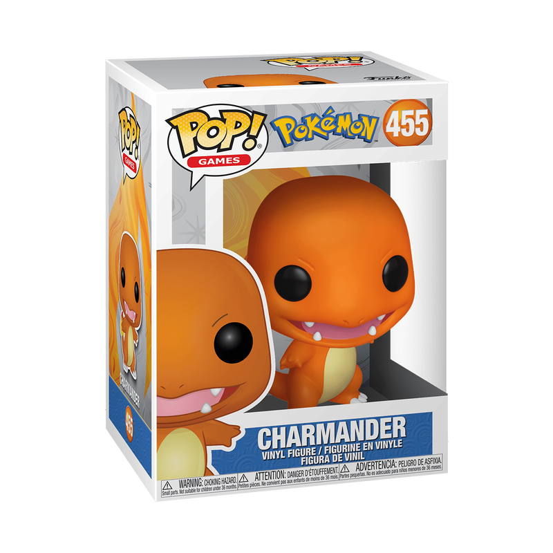 Funko POP! Pokemon: Charmander - #455 by Funko is a collectible vinyl figure featuring the beloved Pokémon standing upright with vibrant orange coloring, a flaming tail, large black eyes, a wide smile, and small fangs—all showcased in the iconic Funko Pop! style.