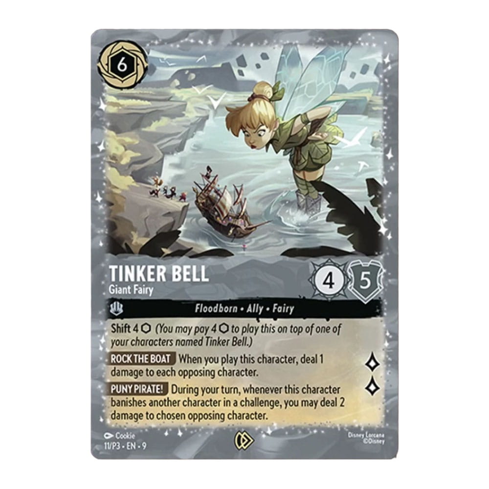 The Disney Lorcana: Tinker Bell - Giant Fairy 11/P3 promo card by Ravensburger depicts Tinker Bell as a winged fairy over a ship, highlighting her stats, abilities, and unique Floodborn effects for the game.