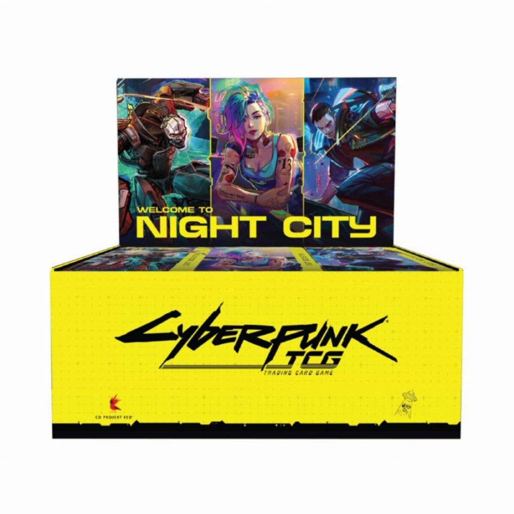 A yellow Cyberpunk TCG: Welcome To Night City Booster Box featuring a tall back panel with illustrations of characters and the text Welcome to Night City above the game logo.