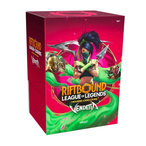 A rectangular Riftbound: League of Legends TCG - Vendetta Vault Bundle box features an illustration of three characters against a bright pink and green background with the title text League of Legends Trading Card Game Vendetta Vault.