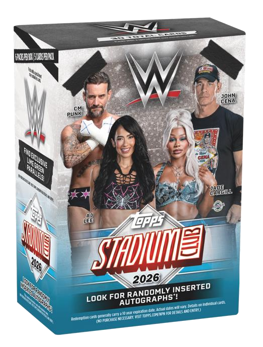 Topps WWE Stadium Club 2026 Value Box featuring imagery of CM Punk, AJ Lee, Jade Cargill, and John Cena with the WWE logo.