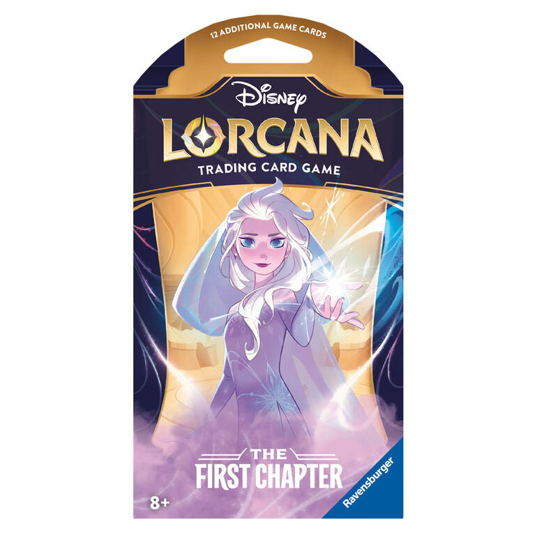 The Ravensburger Disney Lorcana: The First Chapter Sleeved Booster Pack displays an illustrated Elsa and contains 12 additional game cards in a purple and yellow package featuring "The First Chapter" text.
