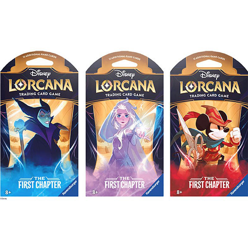 Three Disney Lorcana: The First Chapter Sleeved Booster Packs by Ravensburger are displayed, each with unique artwork—Maleficent, Elsa, and Mickey Mouse—on vibrant blue, purple, and red backgrounds.