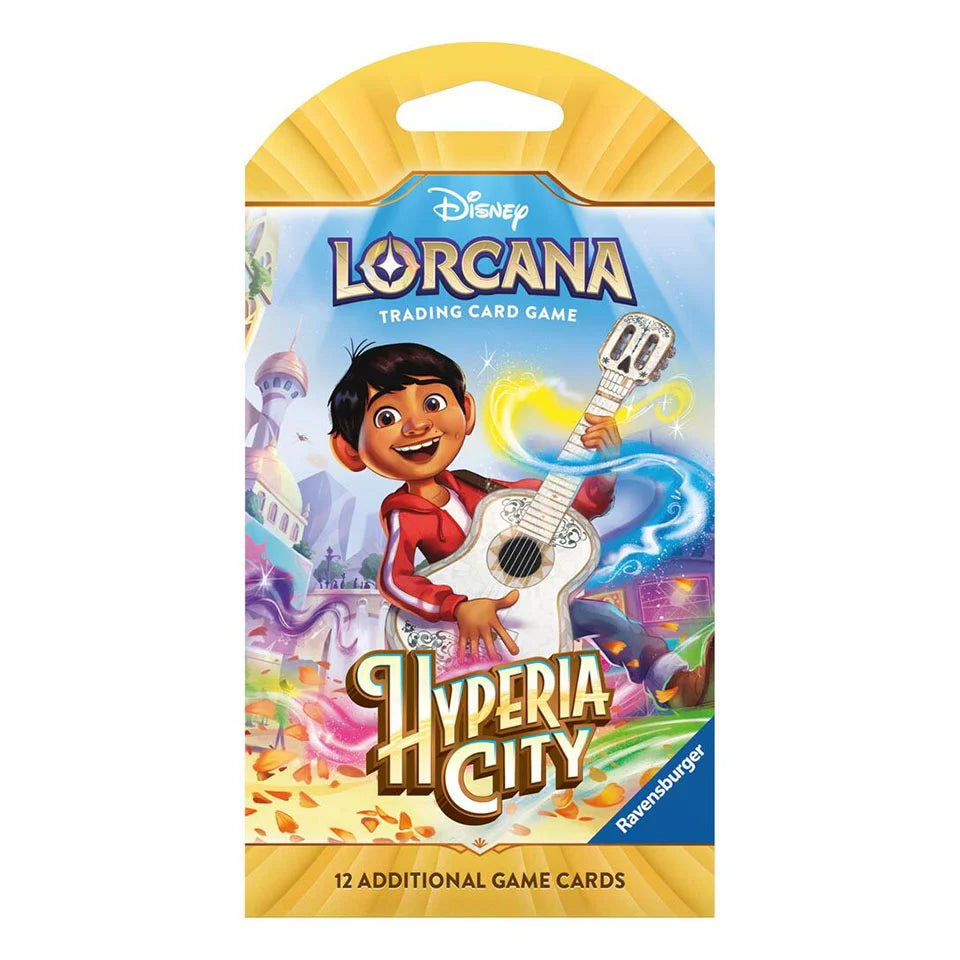 Ravensburger Disney Lorcana: Hyperia City Sleeved Booster Pack featuring vibrant artwork of a smiling boy with a white guitar, magical scenery, and “Hyperia City” displayed prominently. Each pack contains 12 additional game cards.