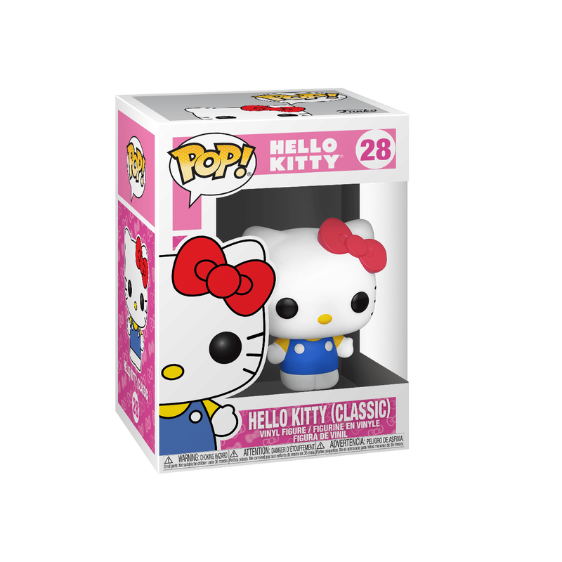 A Funko POP! Sanrio: Hello Kitty Classic (#28) vinyl figure by Funko, featuring the iconic white cartoon cat with a red bow, yellow nose, black eyes, blue dress, and yellow shirt, standing on a plain white background.