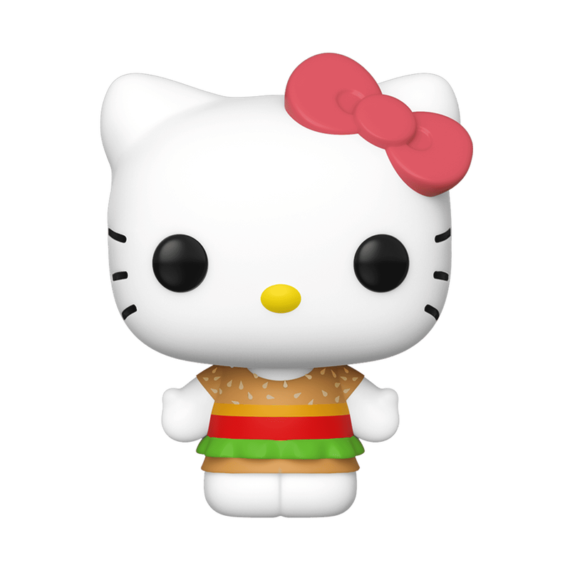 The Funko POP! Sanrio: Hello Kitty Kawaii Burger Shop #29 vinyl figure by Funko features Hello Kitty in a burger-themed outfit with a red bow, green lettuce, and orange patty details, standing against a plain white background.