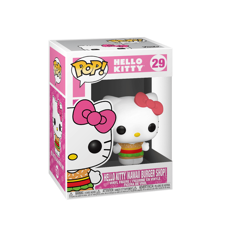 The Funko POP! Sanrio: Hello Kitty Kawaii Burger Shop #29 vinyl figure by Funko features Hello Kitty in a burger-themed outfit with a red bow, green lettuce, and orange patty details, standing against a plain white background.