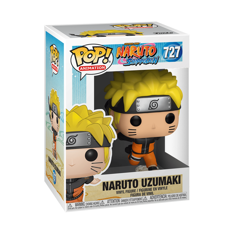 A Funko POP! Naruto: Naruto Uzumaki - #727 vinyl figure by Funko, featuring the anime character with spiky yellow hair, a headband, and an orange jumpsuit in a running pose, complete with black whisker marks on its cheeks.