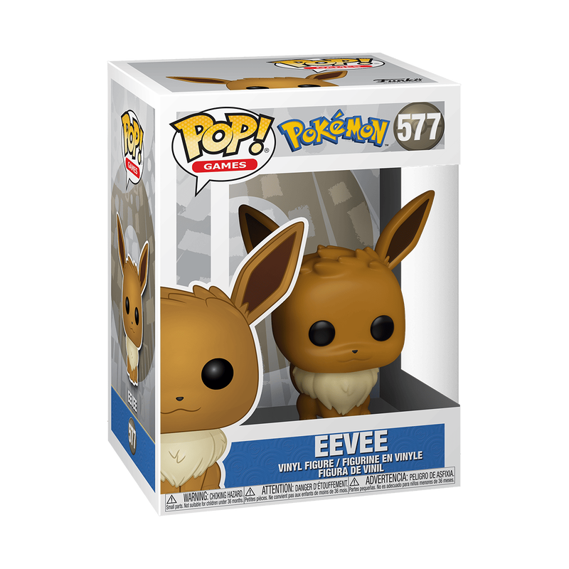 The Funko POP! Pokemon: Eevee (#577) vinyl figure by Funko features Eevee, the brown Pokémon with large ears, big black eyes, and a fluffy cream-colored collar, displayed on a white background.