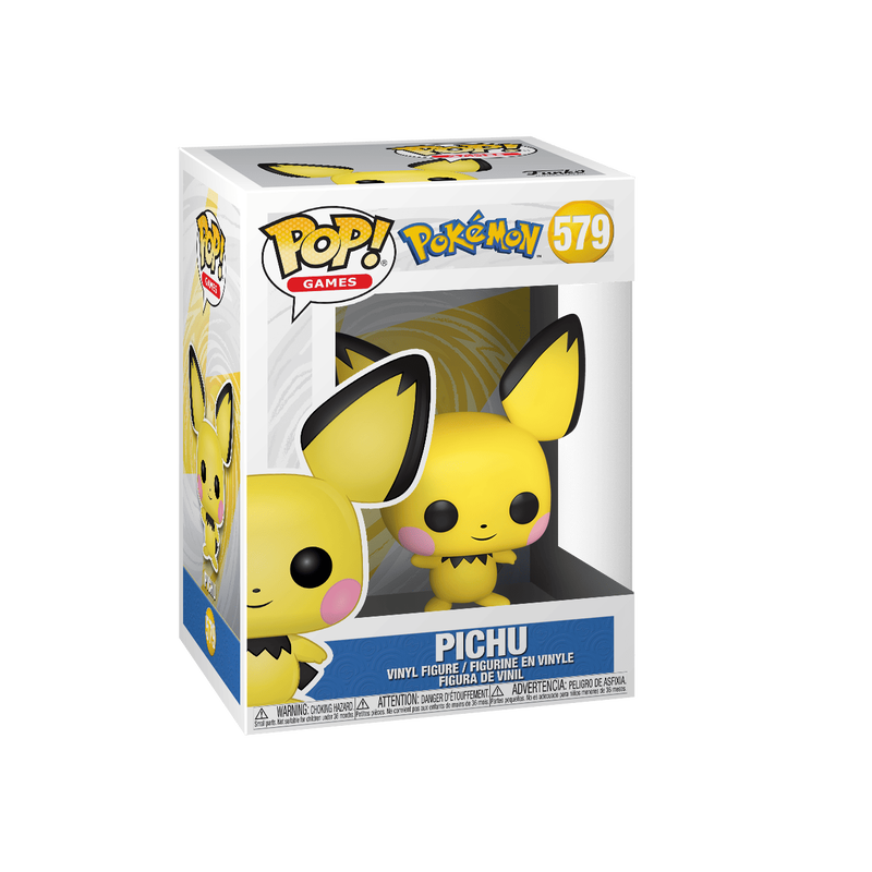 Funko POP! Pokemon: Pichu #579 vinyl figure of a yellow mouse-like character with large ears, black ear tips, pink cheek circles, and a black collar.