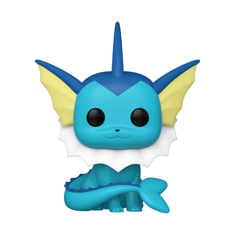 The Funko POP! Pokemon: Vaporeon - #627 by Funko showcases a blue aquatic Pokémon with large yellow fins, black eyes, and a white frilled collar, sitting facing forward on a white background. This adorable collectible figure is perfect for any fan’s collection.