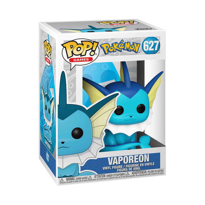The Funko POP! Pokemon: Vaporeon - #627 by Funko showcases a blue aquatic Pokémon with large yellow fins, black eyes, and a white frilled collar, sitting facing forward on a white background. This adorable collectible figure is perfect for any fan’s collection.