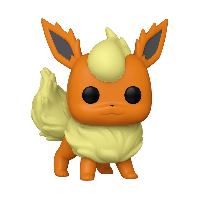 Funko POP! Pokemon: Flareon - #629 by Funko, a vinyl figure depicting the fire-type Pokémon with an orange body, cream-colored fluffy chest and tail, flame-shaped ears, and large black eyes, displayed on a white background.