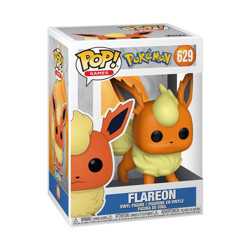 Funko POP! Pokemon: Flareon - #629 by Funko, a vinyl figure depicting the fire-type Pokémon with an orange body, cream-colored fluffy chest and tail, flame-shaped ears, and large black eyes, displayed on a white background.