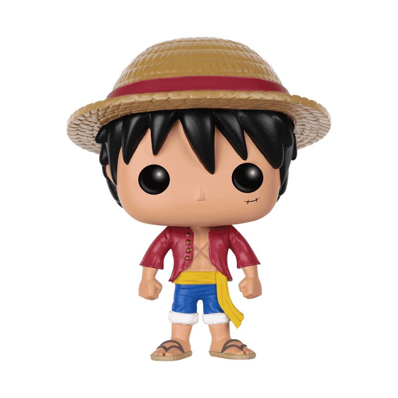 Funko POP! One Piece: Monkey D. Luffy - #98 vinyl figure, depicted as a boy with black hair and a small scar under his left eye, wearing a straw hat, red open-front shirt, blue shorts with a yellow sash, and sandals.
