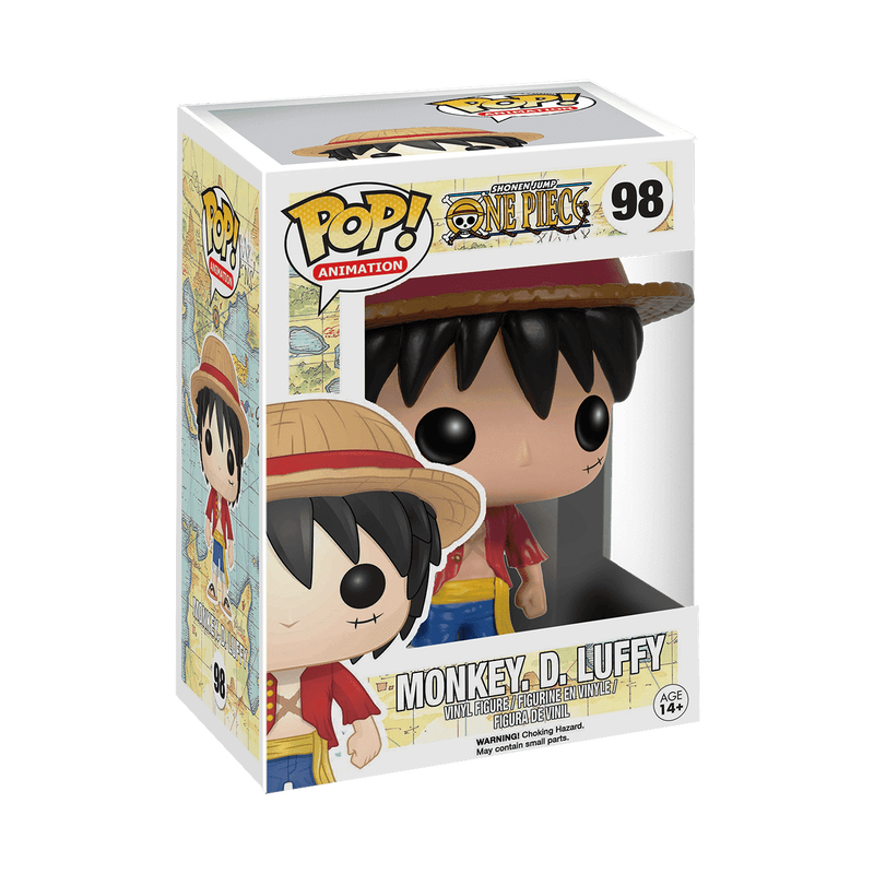Funko POP! One Piece: Monkey D. Luffy - #98 vinyl figure, depicted as a boy with black hair and a small scar under his left eye, wearing a straw hat, red open-front shirt, blue shorts with a yellow sash, and sandals.