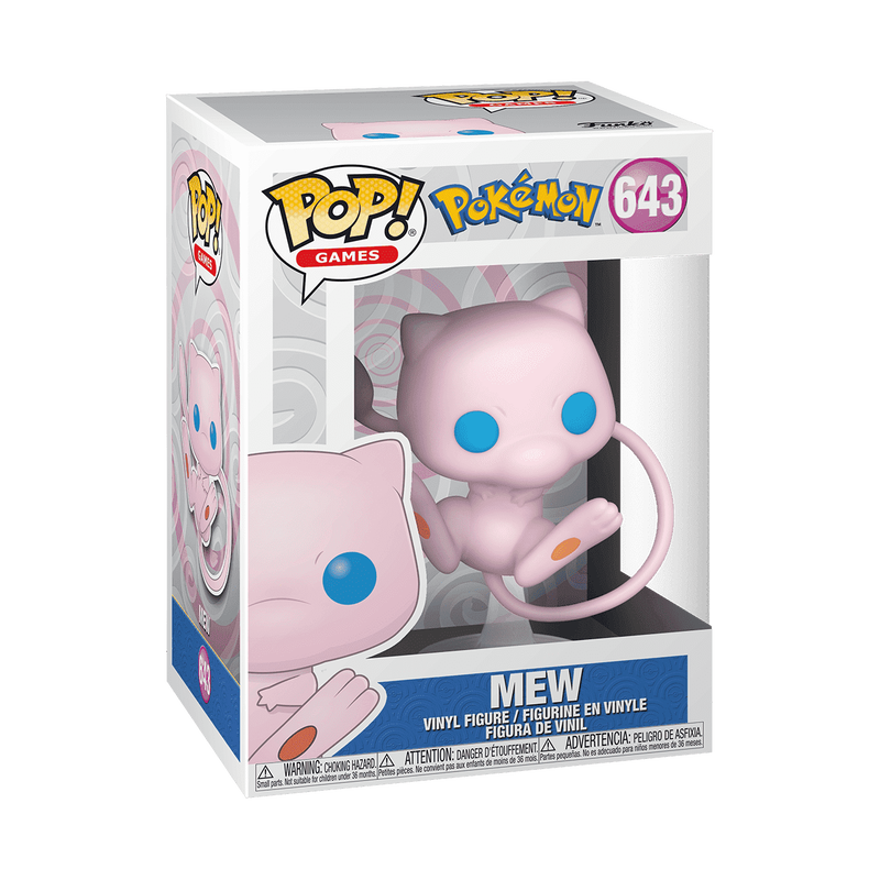 Funko POP! Pokemon: Mew #643 – en samlerobjekt-vinylfigur fra Funko, der forestiller den lyserøde Pokémon Mew med blå øjne og orange pletter, svævende med udstrakte lemmer på en klar displaystand.